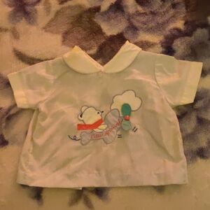 Petit Jouet Striped Adorable White and Blue Newborn Shirt with a Bear 🐻 on it.